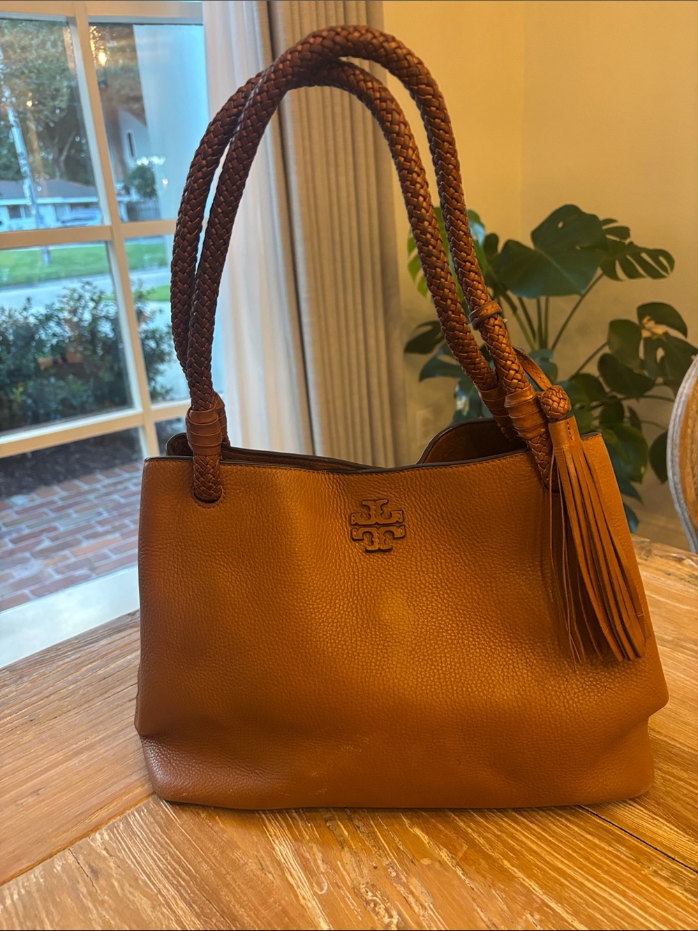 Tory Burch Cognac Braided-Handle Leather Shoulder Bag with Tassel - Picture 1 of 13